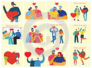 Vector Valentine illustration cards of happy couples in love