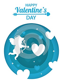 Vector valentine\'s day card with cut paper effect. Cupid cellulose with a bow in the heart. Contemporary illustration. Valentine\