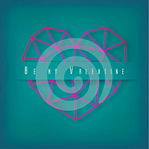 Vector Valentine`s day card with geometric pink heart made of triangles on green background.