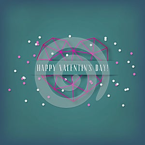 Vector Valentine`s day card with geometric pink heart made of triangles on green background.