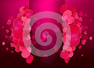 Vector Valentine`s day festive background. Pink, red hearts on purple background