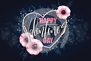 Vector valentine`s day grettings lettering with doodle branches, hearts, plumeria flovers. Design for greeting card or