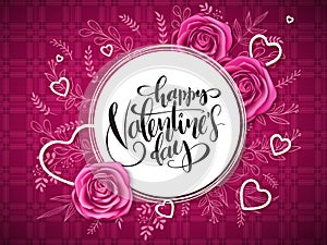 Vector valentine`s day grettings lettering with doodle branches, hearts, and roses on the checkered background. Design