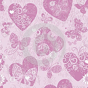 Vector Valentine seamless pattern with pink hearts and butterflies