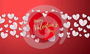 Vector Valentines background with romantic red paper cut heart pattern with gold calligraphy lettering text Valentine`s Day for l