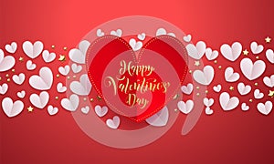 Vector Valentines background with romantic red paper cut heart pattern with gold calligraphy lettering text Valentine`s Day for l