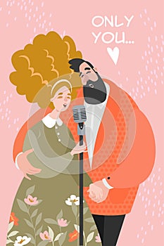 Vector Valentines day Illustration with cute couple singing a love song