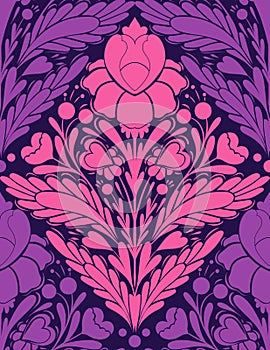 Vector Valentines day seamless floral pattern. Decorative lace texture with silhouette symmetrical pink flowers, hearts and