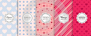 Vector Valentines day seamless patterns collection. Set of colorful backgrounds