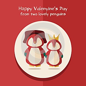 Vector valentines's day card with illustration of two red penguins in round frame