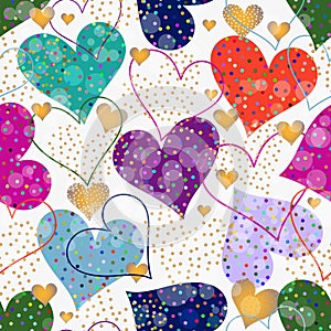 Vector valentines seamless pattern of colorful hearts with dots in doodle style and bokeh