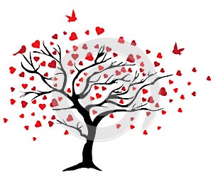 Vector valentine tree with red hearts and birds, silhouette.