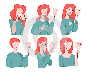 Vector with various human emotions that person hides under a social mask cry, smiling, women, happy, laugh, anger.