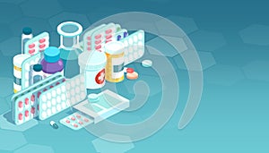 Vector of various meds, pills, capsules, glass bottles with liquid medicine