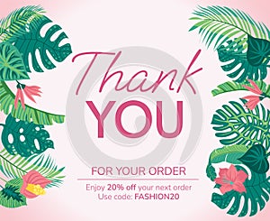 Vector vector illustration of a thank you card for business. Green and pink tropical card.