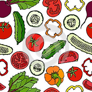 Vector Vegetable Seamless Pattern with Cucumbers, Red Tomatoes, Bell Pepper, Beet. Fresh Green Salad. Healthy Vegetarian Food. Han