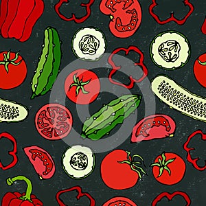 Vector Vegetable Seamless Pattern with Mini Cucumbers, Red Tomatoes, Bell Pepper. Fresh Green Salad. Healthy Vegetarian Food. Hand