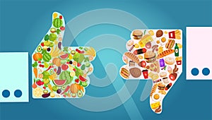 Vector of vegetables, fruits and unhealthy fast food comparison with thumbs up and down gesture