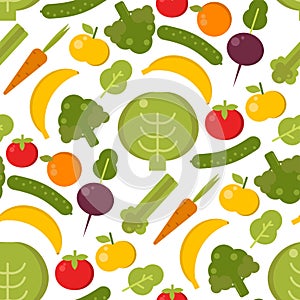 Vector vegetables healthy food seamless pattern illustration. Organic green broccoli, tomato, carrot food vegetables