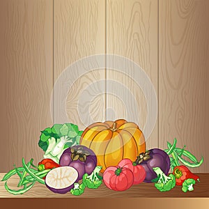Vector vegetables set with broccoli, green string beans, tomatoes, cauliflower, pumpkin and round eggplant