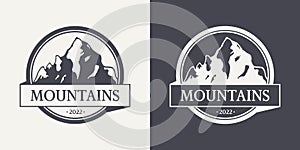 Vector Ventage Labels with Hand Drawn Mountains. 2022. Illustration for Ski Resort, Hiking, Climbing, Mountain Biking