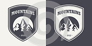 Vector Ventage Labels with Hand Drawn Mountains. 2022. Illustration for Ski Resort, Hiking, Climbing, Mountain Biking