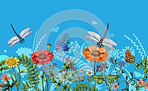 Vector vertical border with dragonflies, butterflies, flowers, grass and plants. Summer style. Seamless nature border