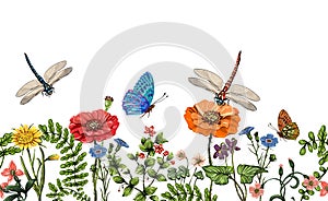 Vector vertical border with dragonflies, butterflies, flowers, grass and plants. Summer style. Seamless nature border