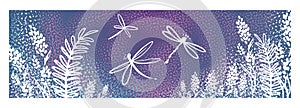 Vector vertical border with dragonflies, flowers, grass and plan