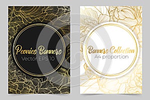 Vector vertical botanical banners with line art gold peonies flower and place for text on black and white background.