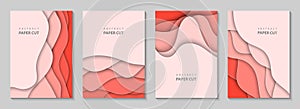 Vector vertical flyers with coral paper cut waves shapes. 3D abstract paper style, design layout for business presentations, photo