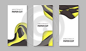 Vector vertical flyers with yellow black color paper cut shapes. 3D abstract paper style, design layout for business presentations