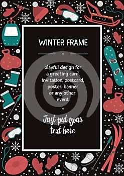 Vector vertical frame with objects for active winter. Cold season sport equipment card template