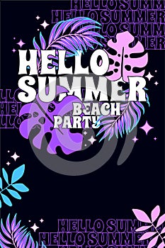 Vector vertical Hello Summer Beach Party greeting card. Bright electric colors y2k style. Summertime party poster template. Dark