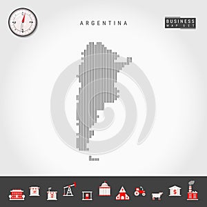 Vector Vertical Lines Map of Argentina. Striped Silhouette of Argentina. Realistic Compass. Business Icons