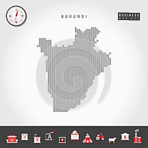 Vector Vertical Lines Map of Burundi. Striped Silhouette of Burundi. Realistic Compass. Business Icons