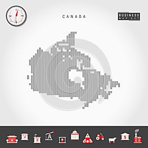 Vector Vertical Lines Map of Canada. Striped Silhouette of Canada. Realistic Compass. Business Icons