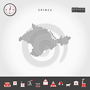 Vector Vertical Lines Map of Crimea. Striped Silhouette of Crimea. Realistic Compass. Business Icons