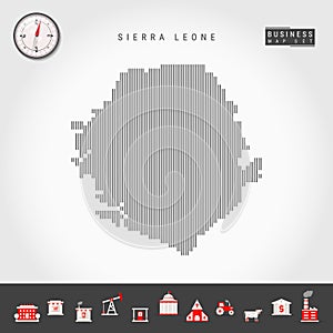 Vector Vertical Lines Map of Sierra Leone. Striped Silhouette of Sierra Leone. Realistic Compass. Business Icons