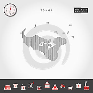 Vector Vertical Lines Map of Tonga. Striped Silhouette of Tonga. Realistic Compass. Business Icons