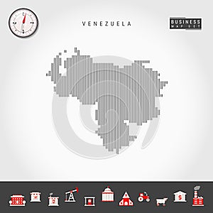 Vector Vertical Lines Map of Venezuela. Striped Silhouette of Venezuela. Realistic Compass. Business Icons