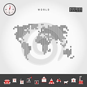 Vector Vertical Lines Pattern Map of the World. Striped Silhouette of the World. Realistic Compass. Business Icons