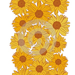Vector vertical seamless border with yellow sunflowers with bronze outline isolated on white background