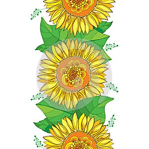 Vector vertical seamless pattern with outline open Sunflower or Helianthus flower in yellow and green leaf on the white background