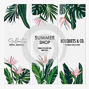 Vector vertical set wedding invitation card set with bird of paradise tropical flowers and leaves. Save the date, R.S.V.P. botany