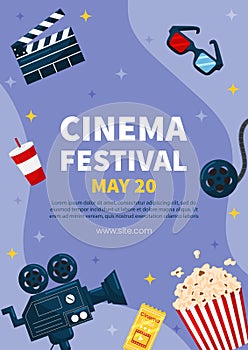 Vector vertical template cinema movie festival poster card. Popcorn basket, ticket, clapper, 3d glasses on violet