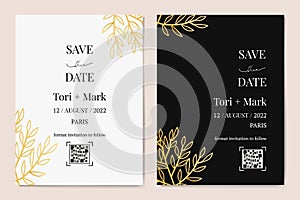 Vector vertical wedding invitation cards set with black and gold leaves on dark and white background. Luxury exotic
