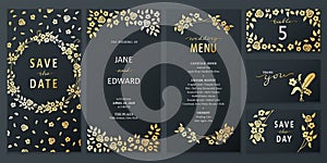 Vector vertical wedding invitation cards set with black and gold leaves and flowers on dark background