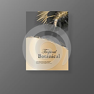 Vector vertical wedding invitation cards set with black and gold tropical leaves on dark background