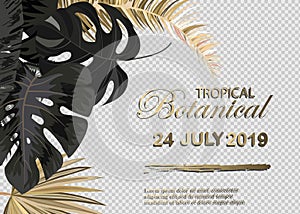 Vector vertical wedding invitation cards set with black and gold tropical leaves on dark background. Luxury exotic